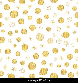Goldfolie Raum Planeten nahtlose Vektor Muster Hintergrund. Golden Hand gezeichnet kosmischen Elementen, Planeten, Sterne auf weißem Hintergrund. Toll für Kinder, Schulbedarf, Kinder Einrichtung, Geschenkpapier, Geburtstag Stock Vektor