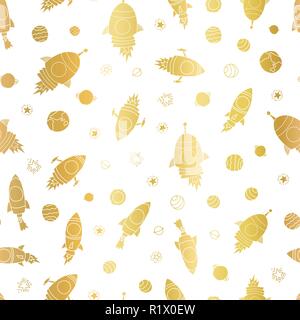 Goldfolie Weltraumrakete nahtlose Vektor Muster Hintergrund. Golden kosmischen Elemente, Rakete, Schiffe, Planeten, Sterne auf weißem Hintergrund. Toll für Kinder, Schulbedarf, Kinder Einrichtung, Geschenkpapier, Geburtstag Stock Vektor