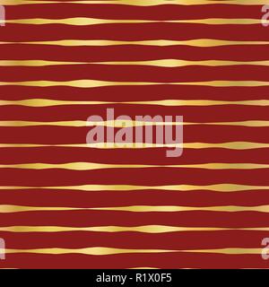 Goldfolie hand horizontale Linien nahtlose Vektor Muster gezeichnet. Metallisch glänzenden Wellig unregelmäßige Streifen auf rotem Hintergrund. Elegante kunst für Weihnachten, digitales papier, Banner, Party Einladung, Geschenkpapier Stock Vektor