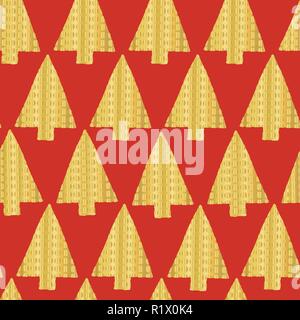 Goldfolie Weihnachtsbaum nahtlose Vektor Muster Hintergrund. Glänzend goldenen texturierten triangle Weihnachtsbäume auf rotem Hintergrund. Elegantes Design für Weihnachten, Neujahr, Geschenkpapier, Partei, Einladung, Karten Stock Vektor