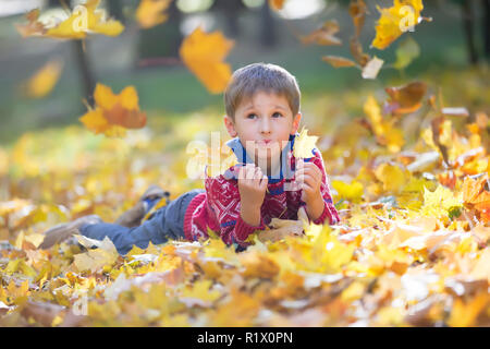 Traurig, charmanten Kind mit Herbst Ahorn Blätter. Der Junge liegt auf gelbe Blätter im Herbst Park. Oktober Blätter fallen Stockfoto