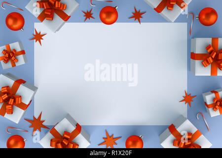 Postkarte mit einem Bild von geschenkboxen und Weihnachtskugeln. 3D-Rendering Stockfoto