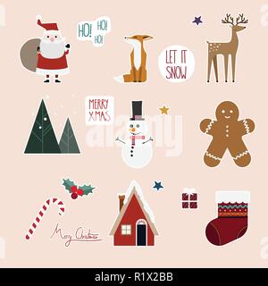 Aufkleber stil Weihnachten Icon Set Vector Illustration auf rosa Hintergrund Stock Vektor