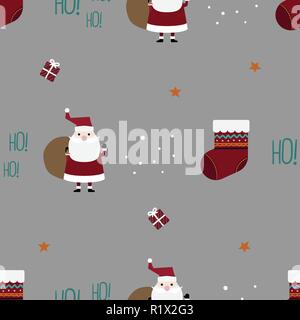 Weihnachten nahtlose Muster mit Weihnachtsmann, Weihnachten Socke, Geschenkbox, Schnee und Sterne Vector Illustration auf grauem Hintergrund Stock Vektor