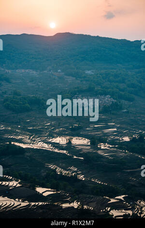 Sonnenuntergang über Reisterrassen bei Bada, Yuanyang, Provinz Yunnan, China Stockfoto