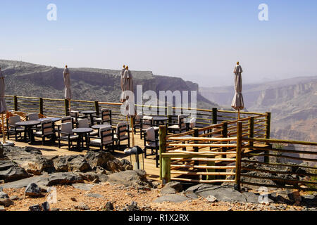 Alila Resort am Jabal Akhdar Al Hajar Berge. Dieser Ort ist 2000 Meter über dem Meeresspiegel. Oman. Stockfoto