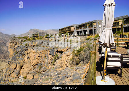 Alila Resort am Jabal Akhdar Al Hajar Berge. Dieser Ort ist 2000 Meter über dem Meeresspiegel. Oman. Stockfoto