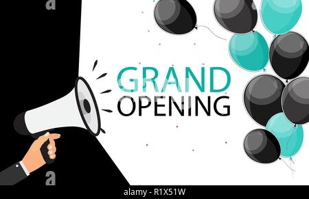 Megafon mit Sprechblase und Luftballons. Eröffnung Konzept. Vector Illustration Stock Vektor