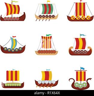 Wikingerschiff Boot drakkar Symbole gesetzt. Flache Abbildung: 9 Viking Schiff Boot drakkar Vector Icons für Web Stock Vektor