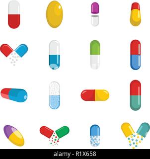 Kapsel Pille Medizin Symbole gesetzt. Flache Abbildung: 16 capsule Pille Medizin Vector Icons für Web Stock Vektor
