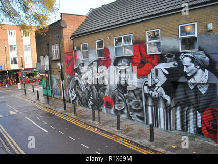 Waffenstillstand CENTENARY STREET ART IN Bethnal Green, East London. Stockfoto