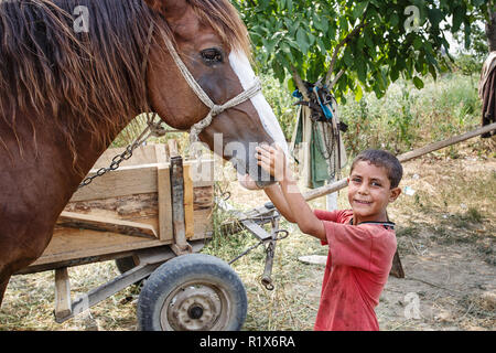 BEREHOVE, UKRAINE - August 10, 2013: Gypsy Jungen mit einem Pferd in der ukrainischen Dorf Berehove in der westlichen Ukraine Stockfoto