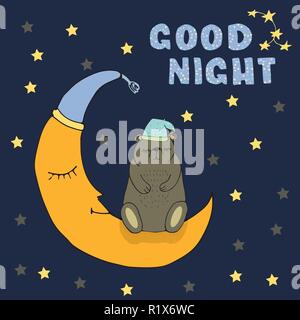 Gute Nacht Karte mit Sleeping Bear und Mond, Sterne, hand Buchstaben auf dem dunkelblauen Hintergrund gezeichnet. Vector Illustration. Stock Vektor
