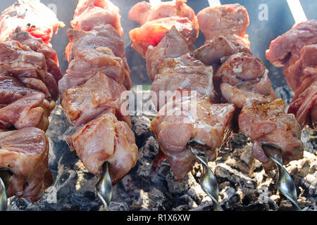 Schaschlik am Spieß braten über glühende Kohlen Stockfoto