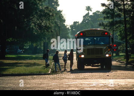 Kinder eine Schule Bus einsteigen, in die Schule zu gehen, am frühen Morgen, FL, USA Stockfoto