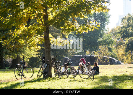 Junge Frauen genießen einen Herbst Tag Picknick in der Nähe von Bow Bridge im Central Park, New York City, USA Stockfoto