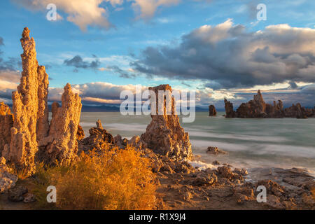 Morgen Sonnenlicht reflektieren die tufas entlang der Mono Lake Küste auf einem frühen Herbst Tag, Lee Vining, California, United States Stockfoto