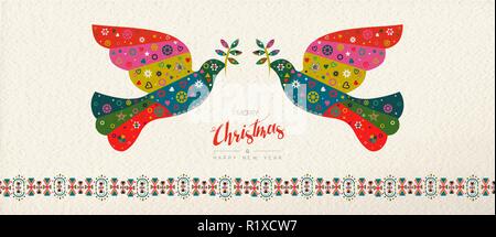 Frohe Weihnachten und guten Rutsch ins Neue Jahr Volkskunst Web Banner vogel Abbildung. Skandinavische Vintage Style Taube mit traditionellen geometrischen Formen in festlichen Stock Vektor