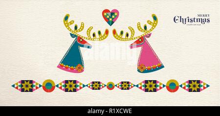 Frohe Weihnachten und guten Rutsch ins Neue Jahr Volkskunst Web Banner Rentiere Abbildung. Rotwild im skandinavischen Stil mit traditionellen geometrischen Formen in festlichen Col Stock Vektor