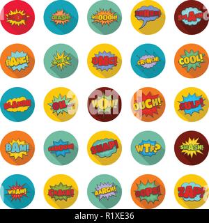 Comic sound Icons einstellen. Flache Darstellung von 25 Comic sound Vector Icons Kreis auf weißem isoliert Stock Vektor