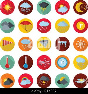 Wetter Symbole gesetzt. Flache Abbildung: 25 Wetter Vector Icons Kreis auf weißem isoliert Stock Vektor