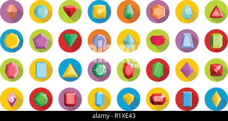 Jewel Symbole gesetzt. Flache Darstellung von 32 Kristall Juwel Vector Icons Kreis isoliert auf weißem Stock Vektor