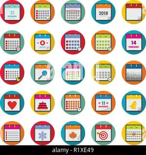 Kalender Symbole gesetzt. Flache Abbildung: 25 Kalender Vector Icons Kreis auf weißem isoliert Stock Vektor