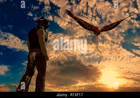 Abbildung: ein Cowboy bei Sonnenuntergang Hintergrund mit einem Adler - 3D-Rendering Stockfoto