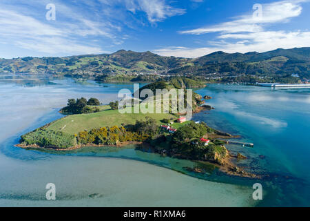 Quarantäne Insel und Otago Harbour, Dunedin, Otago, Südinsel, Neuseeland Stockfoto