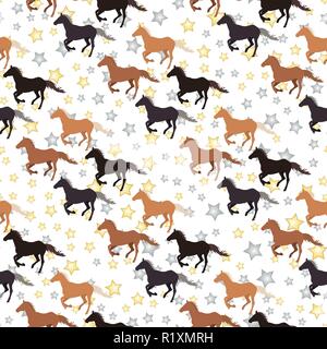 Nahtlose pferdesport Muster auf weißem Hintergrund mit Sternen. Diagonal platzierten Pferde. Für Ausdrucke auf Kleidung, Geschenkpapier, Web Design. Stock Vektor