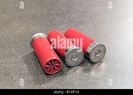 Shotgun Shells & Munition 12 Gauge isoliert auf Schwarzen Tisch Stockfoto