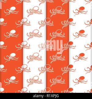 Satz 4 Vector nahtlose Muster mit Kraken. Meer Einwohner. Tiere unter Wasser. Design für die Verpackung, Stoff, marine Hintergrund drucken. Stock Vektor