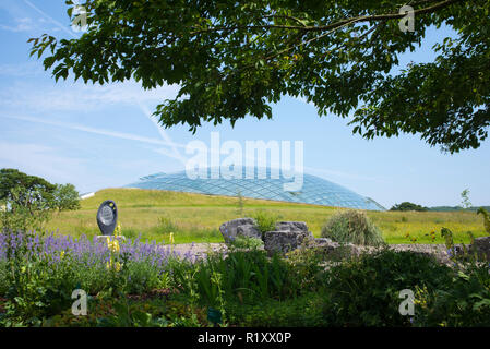 Dome Glas dach der Großen Gewächshaus des Nationalen Botanischen Garten von Wales und 'Osmunda "lebendes Fossil Skulptur von Glenn Morris Stockfoto