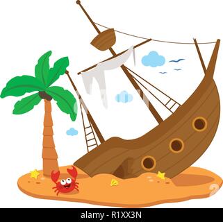 Schiffbruch auf einer Insel. Kaputtes Piratenschiff auf einer Sommerschatzinsel am Strand. Vektorabbildung Stock Vektor