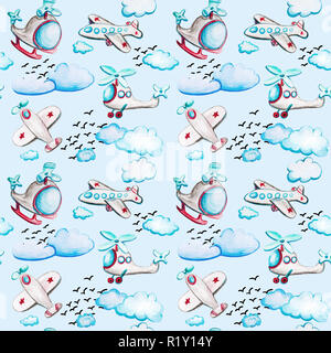 Kinder Seamless Pattern mit Hubschrauber, Flugzeuge, Wolken und Vögel auf einem Himmel blauer Hintergrund für Jungen. Stockfoto
