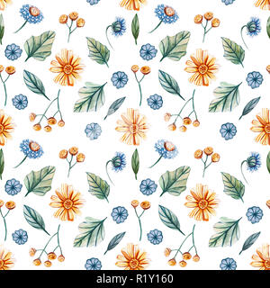 Nahtlose Muster mit Aquarell Blumen. Eine sanfte Sommer Muster mit Wildblumen und Blätter werden gut auf Stoff, Verpackung, Karten. Stockfoto