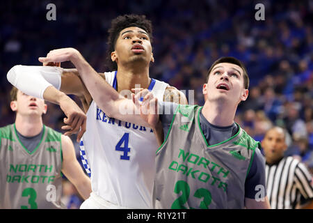 Lexington, Kentucky, USA. 14 Nov, 2018. Die Kentucky Nick Richards sucht nach einem Rebound gegen North Dakota's Keinan Walter während ein NCAA Basketball Spiel zwischen den Kentucky Wildkatzen und der North Dakota Kampf gegen die Falken an der Rupp Arena in Lexington, Kentucky. Kevin Schultz/CSM/Alamy leben Nachrichten Stockfoto