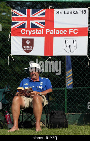 Kandy, Sri Lanka. 15. November 2018, pallekele International Cricket Stadion, Kandy, Sri Lanka; Internationale Test Cricket, zweiter Test, Tag 2, Sri Lanka im Vergleich zu England, England fan liest ein Buch in der Sonne, als er für Test Match wartet, um Credit: Aktion Plus Sport Bilder/Alamy Live News Start Stockfoto