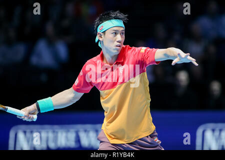 London, Großbritannien. 15. November 2018. Kei Nishikori von Japan während der Männer singles Match des 2018 Nitto ATP-Finale gegen Dominic Thiem von Österreich in der O2 Arena in London, England am 15. November 2018. Quelle: LBA/Alamy leben Nachrichten Stockfoto