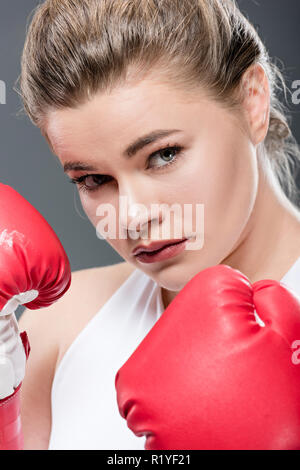 Nahaufnahme der jungen Frau in Übergröße Boxhandschuhe an Kamera isoliert auf Grau suchen Stockfoto