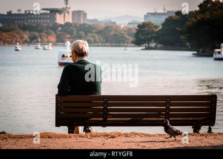 Ein einsames oder trauriger alter Mann allein auf der Bank sitzen im Sonnenuntergang an einem großen Teich und Denken. Stockfoto