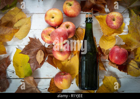 Blätter im Herbst mit einer Flasche Apfelwein und und Äpfel Stockfoto