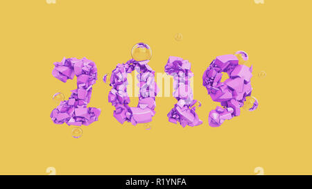 Frohes Neues Jahr Banner mit 2019 trendy pink Farbe Zahlen durch zerbrochene Risse im Stein auf dem orangen Hintergrund mit fliegenden Glaskugeln isoliert. abstrakten 3D-Darstellung Stockfoto