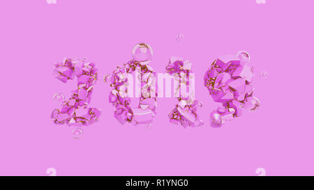 Frohes Neues Jahr Banner mit 2019 trendy rosa Farbe und gold Zahlen durch zerbrochene Risse im Stein isolieren auf rose Hintergrund mit fliegenden Glaskugeln. abstract 3 Abbildung d Stockfoto