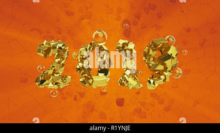 Frohes Neues Jahr Banner mit 2019 trendy pink Farbe Zahlen durch zerbrochene Gold mit fliegenden Glas oder Wasser Sphären, die über helle orange Hintergrund geknackt. abstrakten 3D-Darstellung Stockfoto