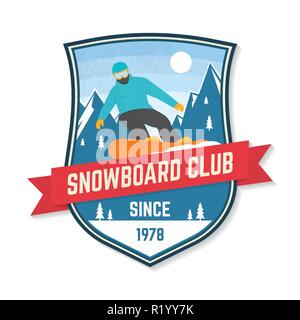 Snowboard Club. Vector Illustration Patch. Konzept für T-Shirt, Druck, Stempel oder T-Stück. Design mit Snowboarder und Berg Silhouette. Extreme Winter Sport. Stock Vektor