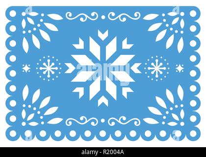 Weihnachten Papel Picado vektor design mit Schneeflocke, Mexikanischen winter Papierdeko, blaue und weiße 5x7 Grußkarte Muster Stock Vektor