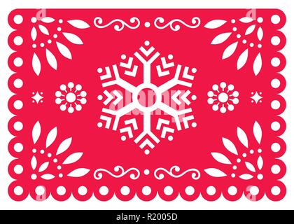 Weihnachten Papel Picado vektor design mit Schneeflocke, Mexikanischen winter Papierdeko, rote und weiße 5x7 Grußkarte Muster Stock Vektor