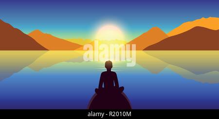 Person geniessen Sie den Herbst Landschaft auf einem ruhigen Meer und Blick auf die Berge bei Sonnenuntergang Vektor-illustration EPS 10. Stock Vektor