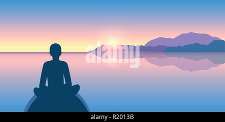 Person genießen Sie die Ruhe auf einem ruhigen See bei Sonnenaufgang Vektor-illustration EPS 10. Stock Vektor